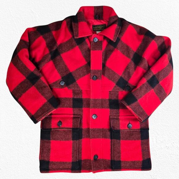 70s Vintage Red Buffalo Plaid Goose Down USA Made Hunting Wool Coat Size Medium - Picture 2 of 16